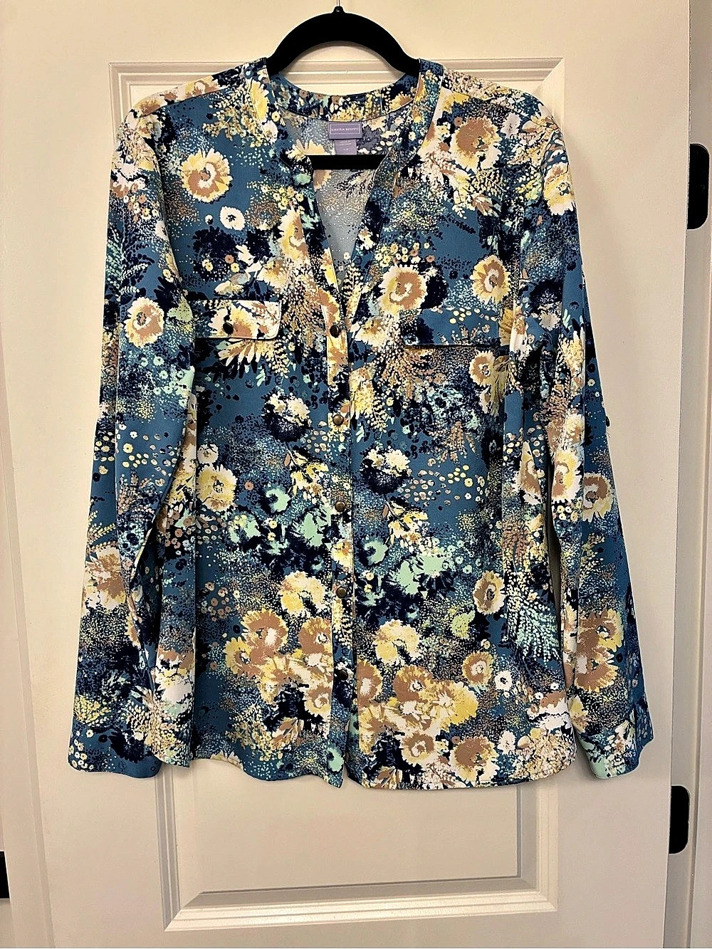 Laura Scott Floral Button-Front Blouse in Blue & Yellow Size Large